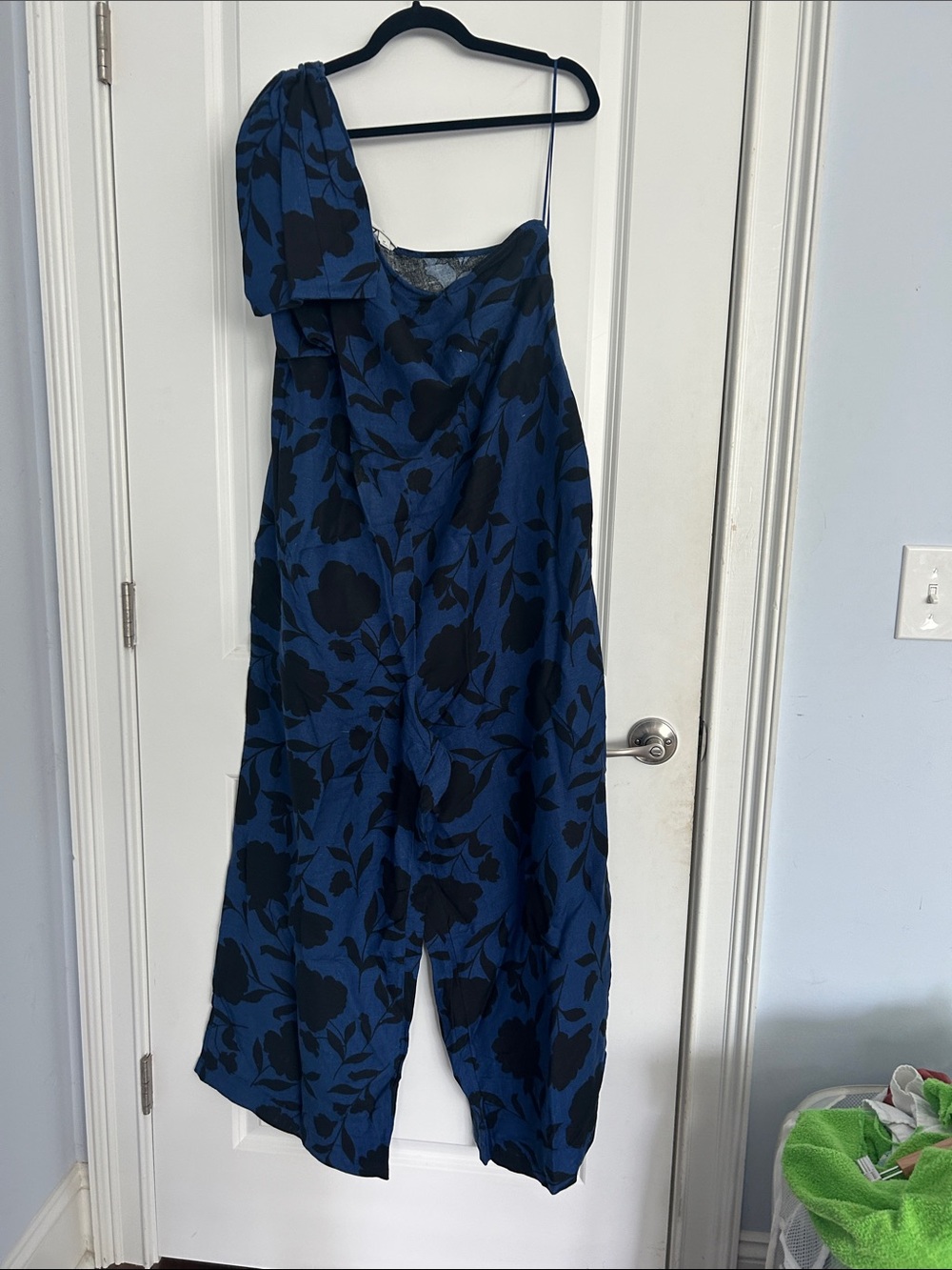 One-Shoulder Navy Blue and Black Floral Jumpsuit